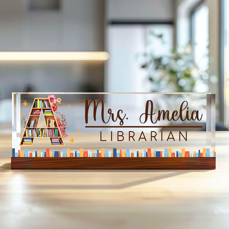 Custom Teacher Desk Name Plate, Teacher Acrylic Block, Teacher Appreciation Gift, Back to School, Book Lover Gift, Librarian Name Sign Gift. DNPETAL09