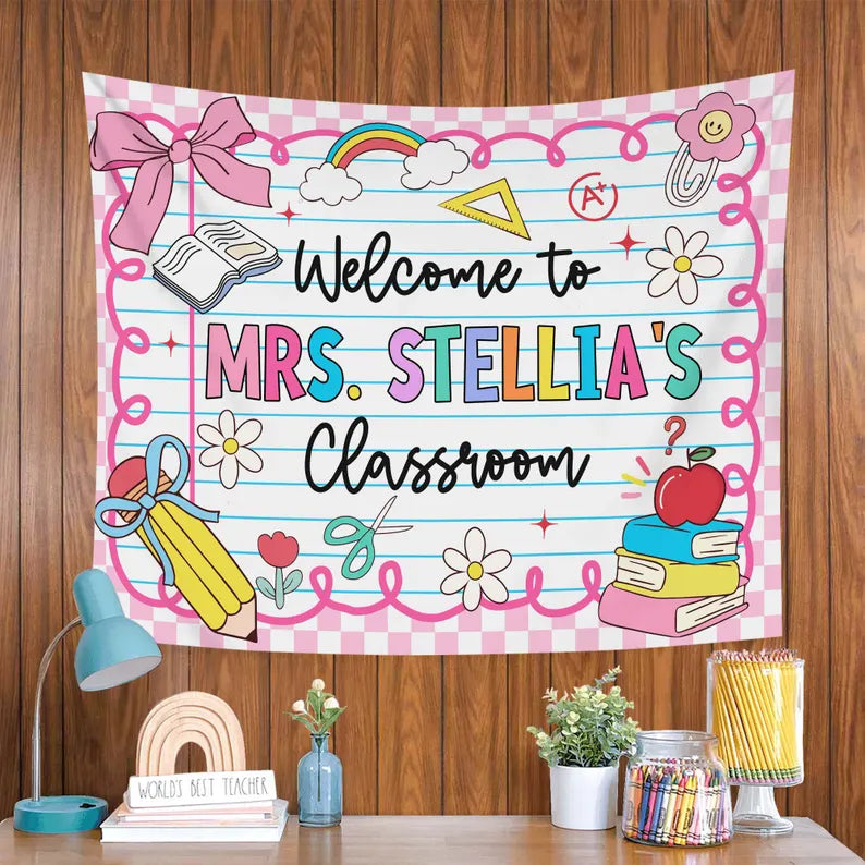 Personalized Teacher Tapestry, Custom Welcome Classroom Banner with Name, Back To School, First Day of School Gifts, Gift for Teacher. CBPETAL01