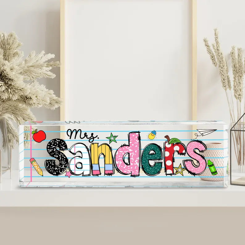 Personalized Teacher Name Desk Sign, Custom Teacher Appreciation Gifts, Teacher Name Desk Plaque, Teacher Acrylic Block, New Teacher Gift. DNPETAL03