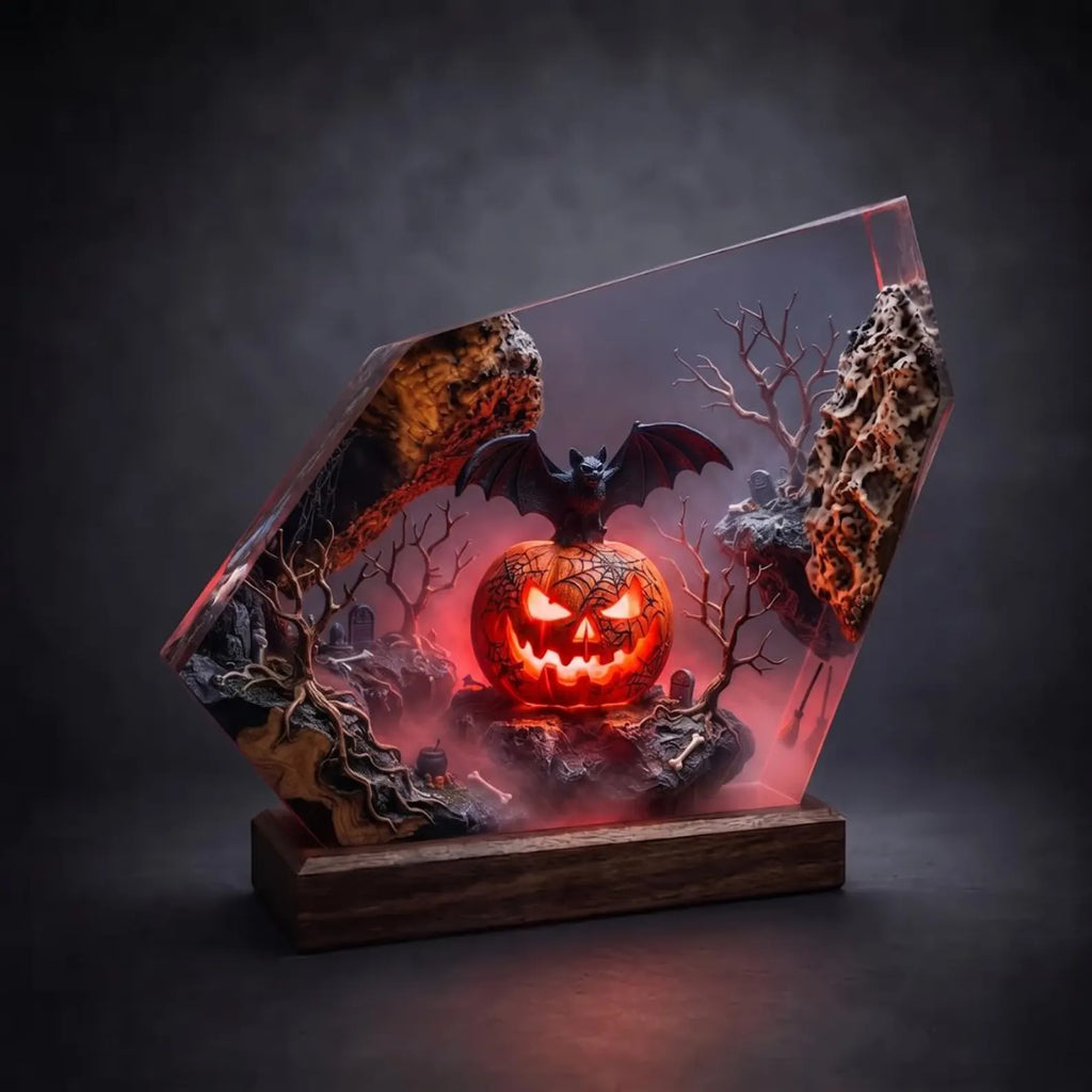 Jack O Lantern Epoxy Resin Lamp Spooky Bat Graveyard Diorama Wood Night Light. RLPETAL11