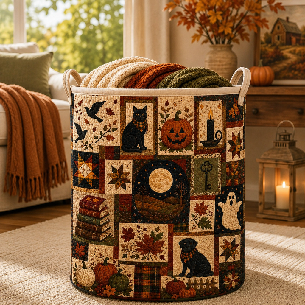 Quilted Laundry Basket, Halloween Storage Bin, Black Cat Pumpkin Hamper, Fall Decor Basket, Spooky Quilt Organizer. HLWLBPETAL4