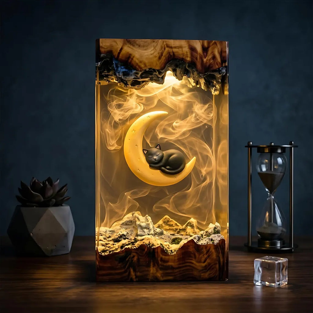 Sleeping Cat Moon Resin Lamp, Book Lover Night Light, Fantasy Reading Decor, Unique Gift for Readers and Cat Fans. RLPETAL03