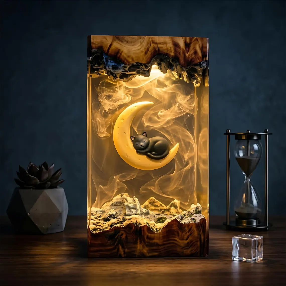 Sleeping Cat Moon Resin Lamp, Book Lover Night Light, Fantasy Reading Decor, Unique Gift for Readers and Cat Fans. RLPETAL03