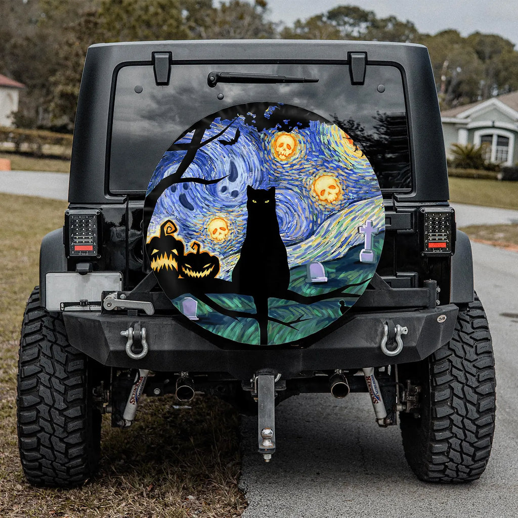 Halloween Black Cat Starry Night Spare Tire Cover, Spooky Cat Pumpkin Jeep Tire Cover, PVC Leather Tire Cover, Halloween Vehicle Accessory. TCPETAL20