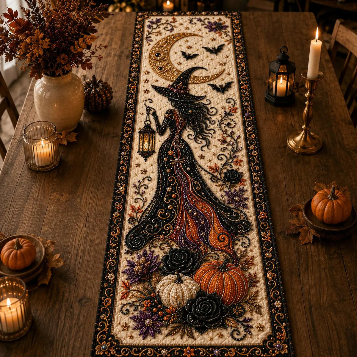 Halloween Witchy Table Runner, Witch Black Cat Cauldron Pumpkin Quilted Table Decor, Spooky Gothic Haunted Cottage Fall Dining Room Decor.QTRPETAL18