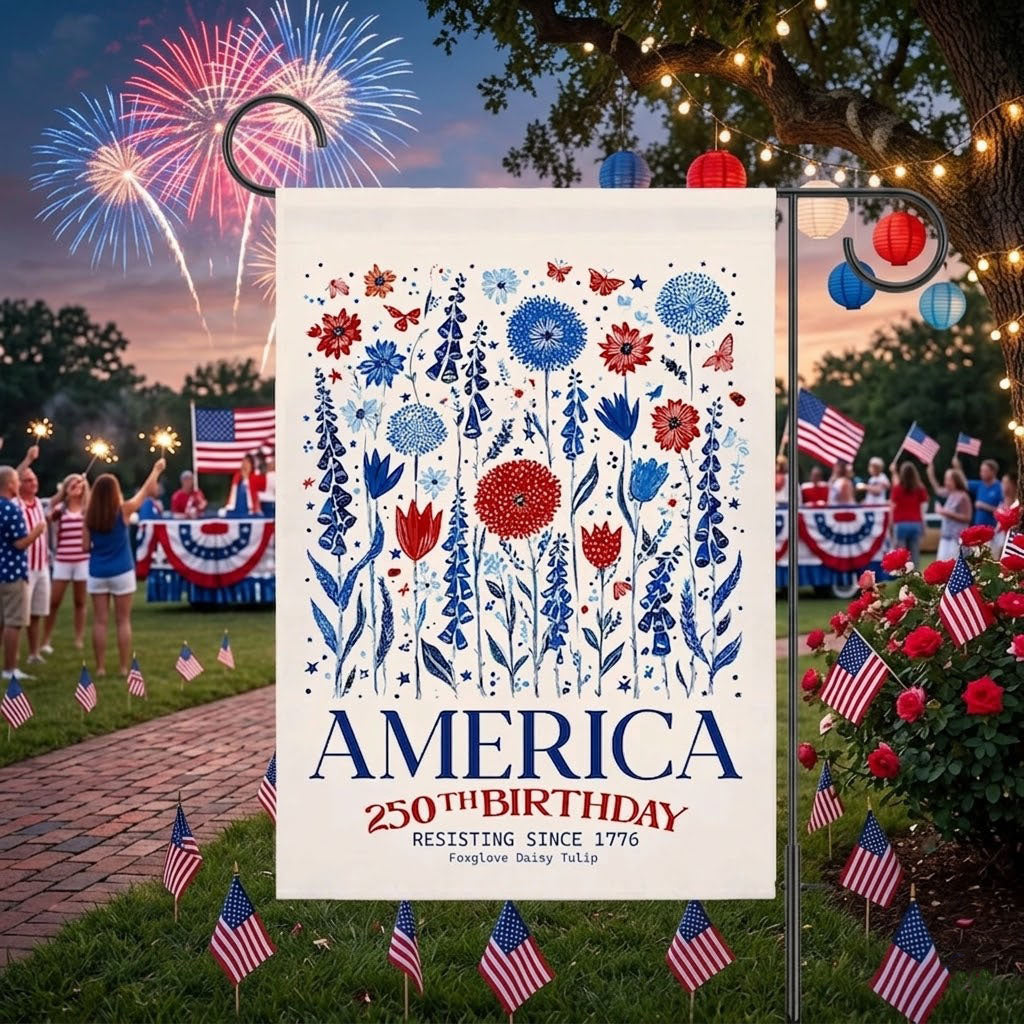 Patriotic USA Garden Flag, Anti Trump House Banner, America 250th Birthday, Subtle F Trump, Semiquincentennial, Foxglove Daisy Tulip. GFPETAL01