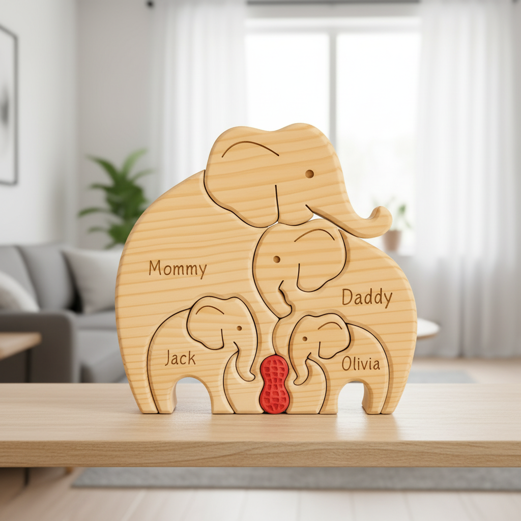 Personalized Wooden Elephant Family Decor, Custom Name Carved Wood Sign, Family Gift with Red Heart, Home Shelf Decor