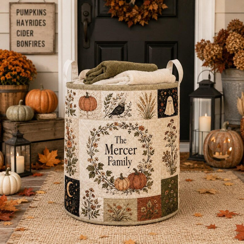 Personalized Halloween Quilt Laundry Basket, Custom Family Name Fall Storage Bin, Quilted Laundry Hamper Pumpkin Ghost Cat Home Decor Basket. LBPETAL144