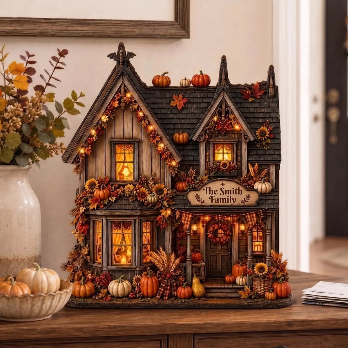Personalized Fall House Wooden Block, Custom Family Name Autumn Cottage Decor, Pumpkin Harvest Shelf Sitter, Thanksgiving Rustic Home Gift. WBPETAL14
