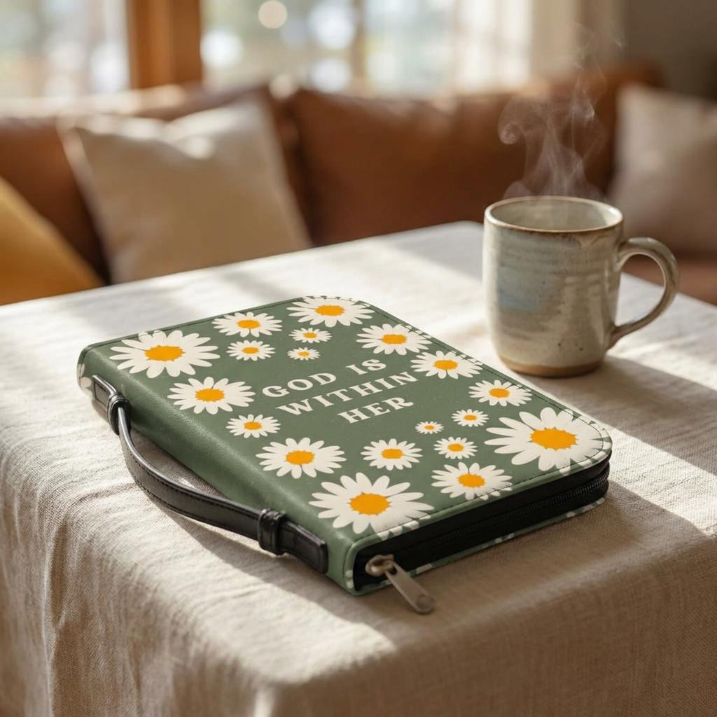 Daisy Bible Cover Case, God Is Within Her Christian Gift, Green Floral Scripture Bag. BCPETAL14
