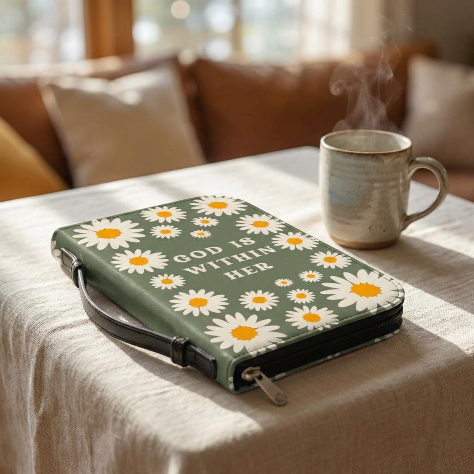 Daisy Bible Cover Case, God Is Within Her Christian Gift, Green Floral Scripture Bag. BCPETAL14