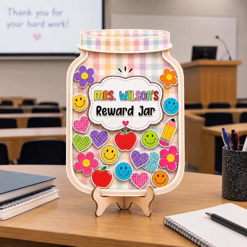 Custom Teacher Reward Jar Personalized Classroom Management Tool Cute Wooden Star Jar. RJPETAL10