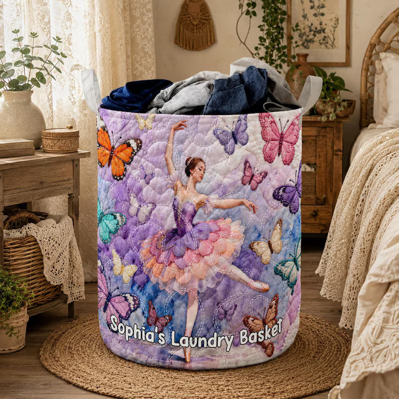 Ballerina Quilted Laundry Basket, Butterfly Dance Hamper, Cottagecore Ballet Laundry Bin, Personalized Fabric Storage Basket. LBPETAL140