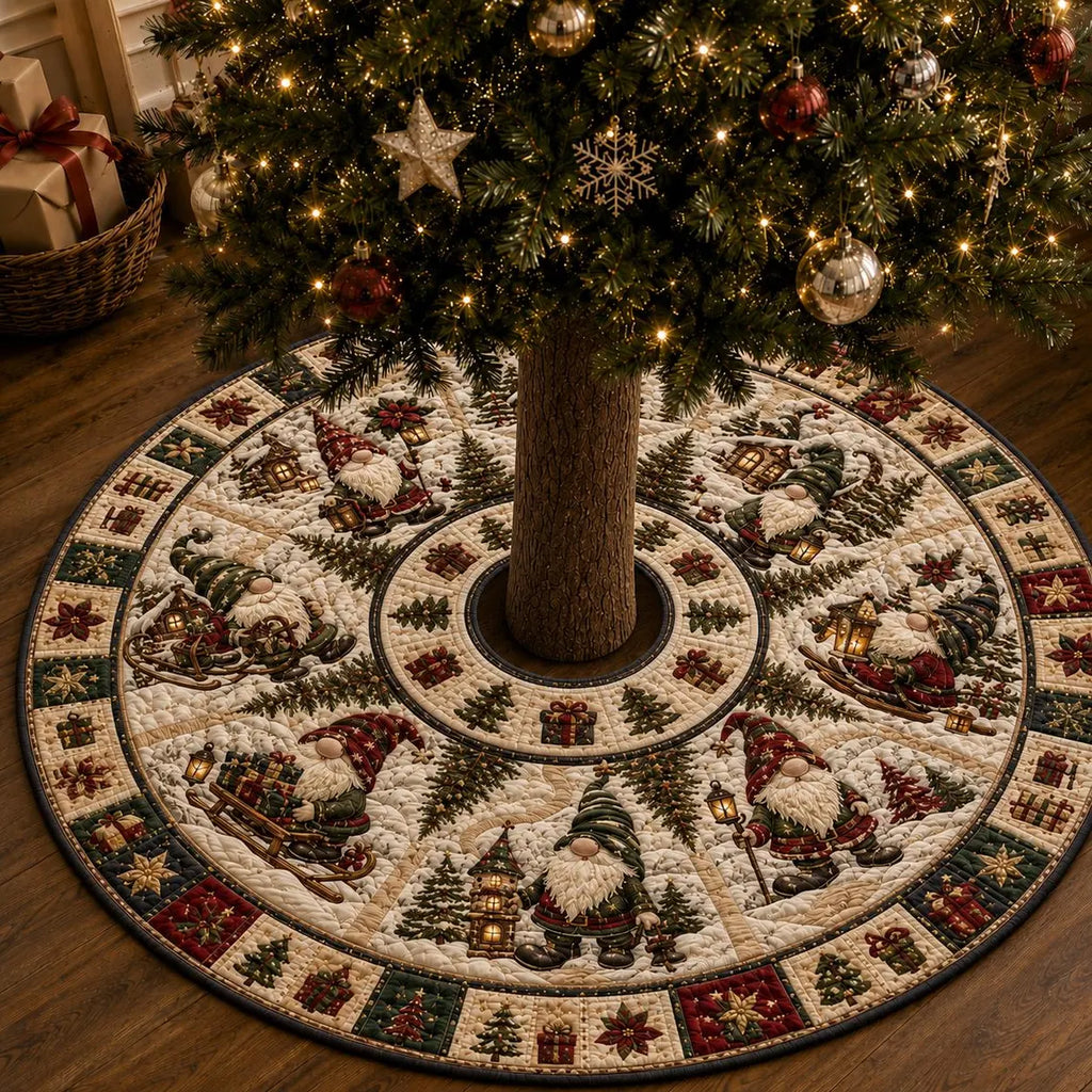 Quilted Christmas Gnome Tree Skirt, Quilted Xmas Tree Skirt, Nordic Holiday Tree Mat, Red Green Farmhouse Christmas Tree Decor. CTSPETAL25