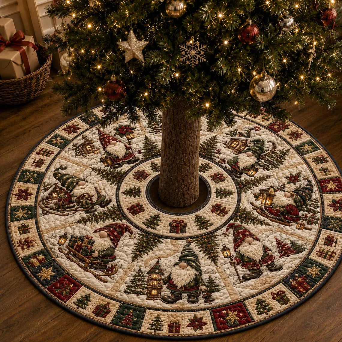 Quilted Christmas Gnome Tree Skirt, Quilted Xmas Tree Skirt, Nordic Holiday Tree Mat, Red Green Farmhouse Christmas Tree Decor. CTSPETAL25