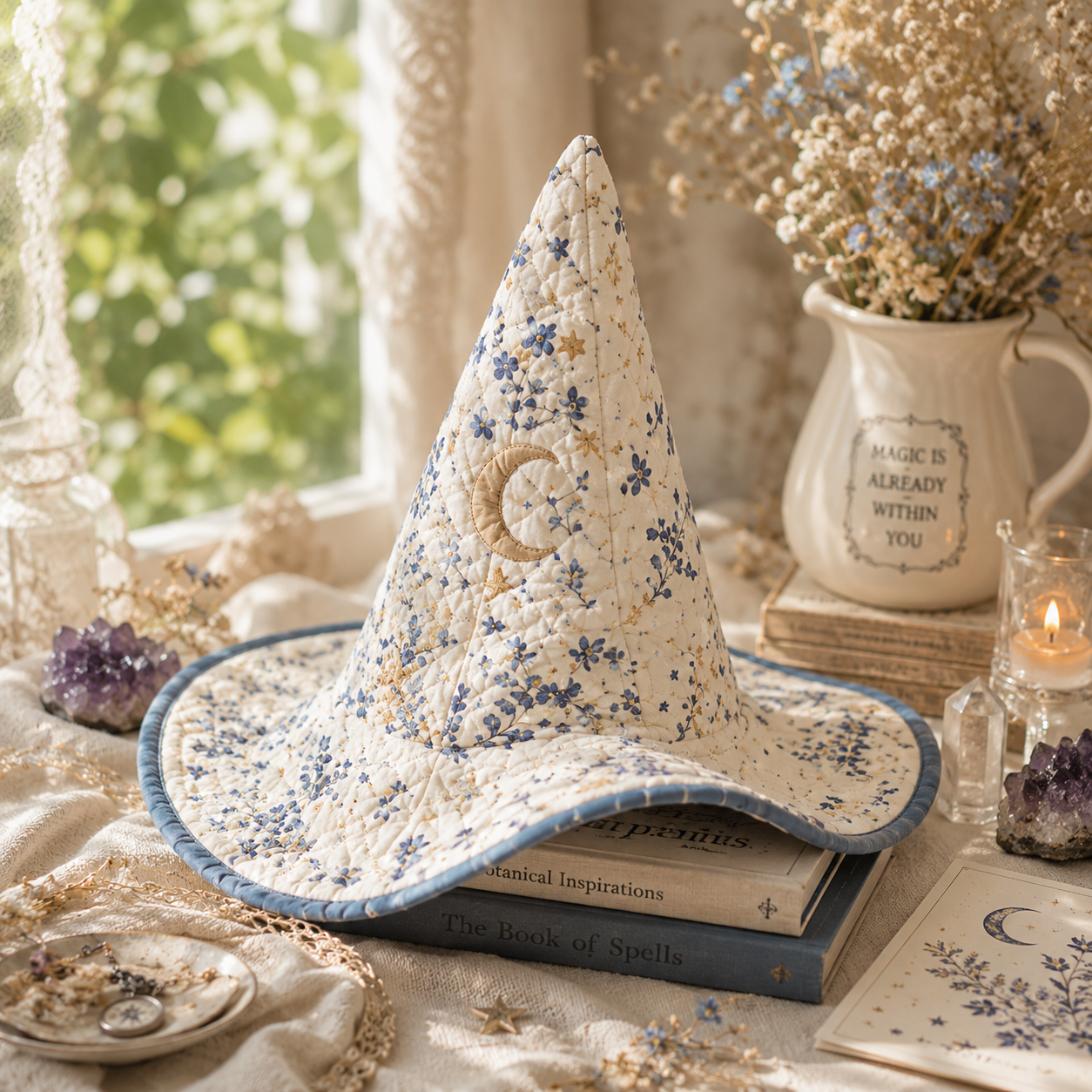 Personalized Quilted Witch Hat – Custom Name Floral Moon Witch Hat for Halloween, Cottagecore & Magical Costume Style. QWHPETAL9