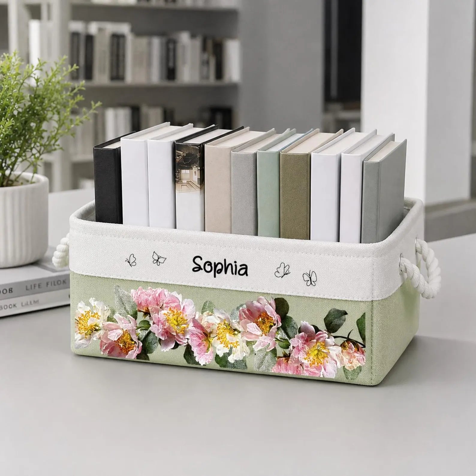 Personalized Birth Month Flower & Name Storage Book Basket, Custom Birth Flower Gift for Her, Wife, Daughter, Sister, Coworker, Reading Gift. BBPETAL6