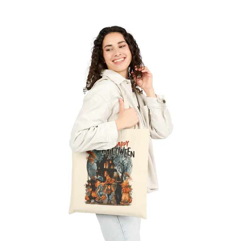 Happy Halloween Tote Bag Cute Vintage Kids Canvas Handbag Retro Haunted House Shoulder Shopping Bag Spooky Full Moon Autumn Fall Gift. HLWTBPETAL12