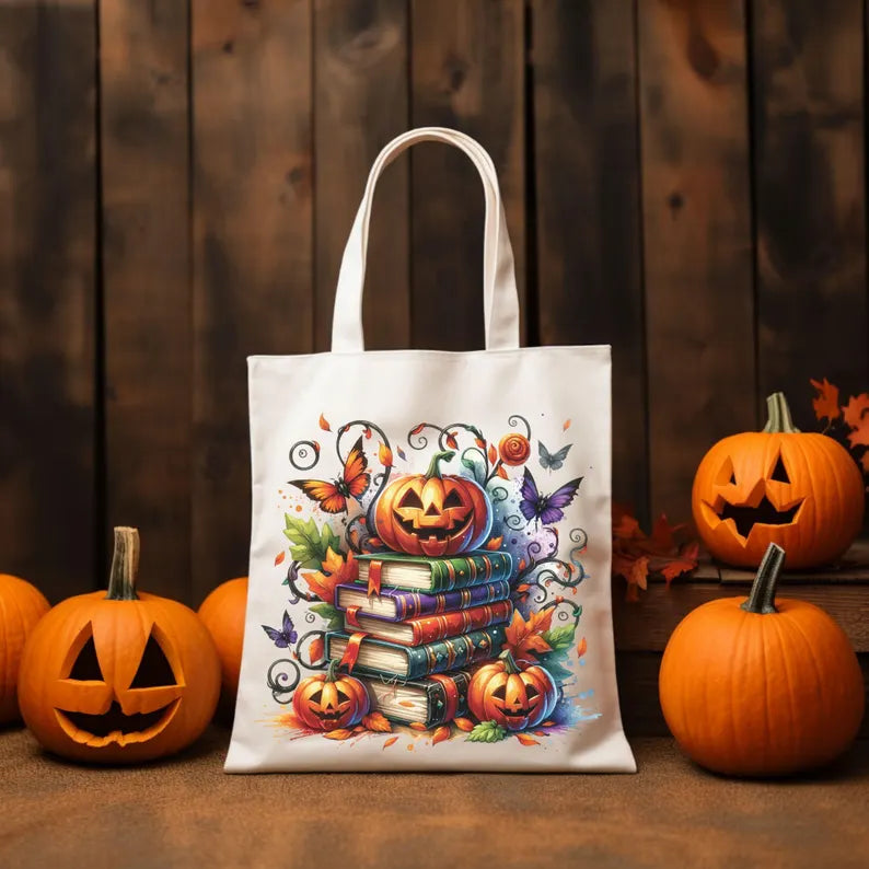 Halloween Book Lover Tote Bag, Spooky Pumpkin Books Canvas Tote, Fall Reading Bag, Bookish Gift, Autumn Aesthetic Library Tote. HLWTBPETAL9