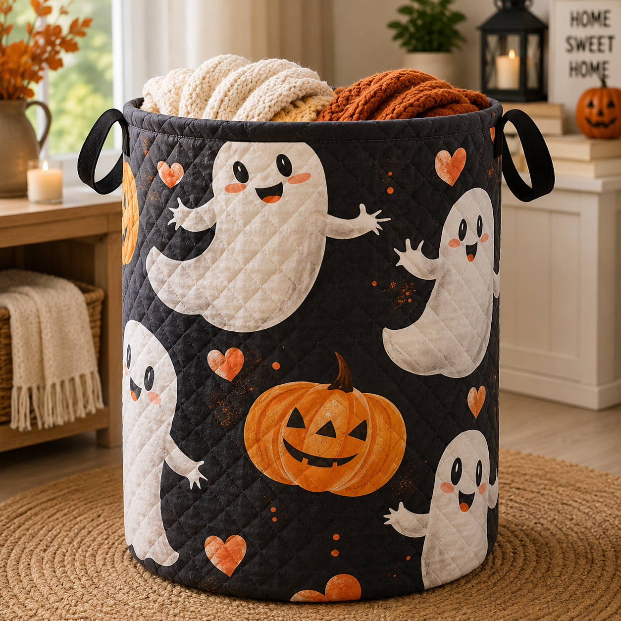 Cute Ghost Quilted Laundry Basket, Halloween Blanket Storage Bin, Spooky Pumpkin Laundry Hamper, Large Fabric Basket with Handles, Fall Home Decor. HLWLBPETAL18