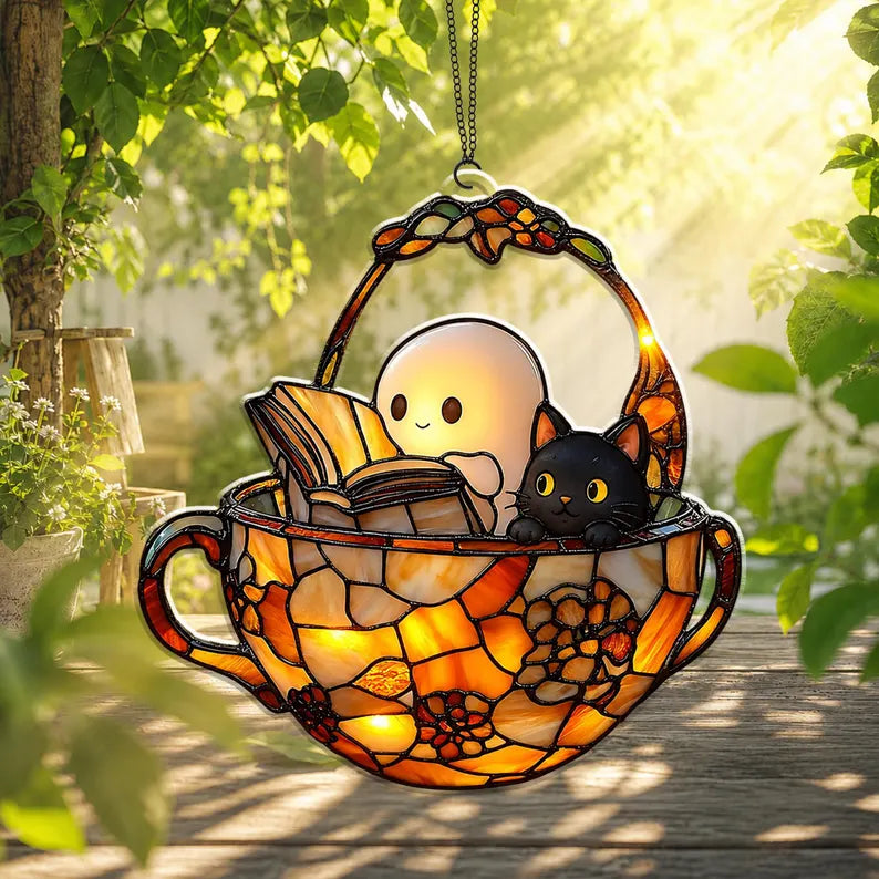 Cute Ghost Reading Book And Black Cat Acrylic Ornament, Halloween Window Hanging, Halloween Bookish Gift, Cat Lover Gift, Book Lover Gift. HSPETAL3