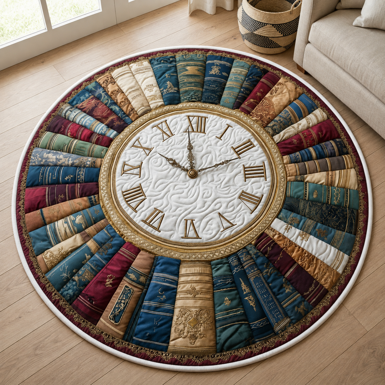 Round Clock Bookshelf Rug, Vintage Style, Eclectic Living Room Decor. QRPETAL11