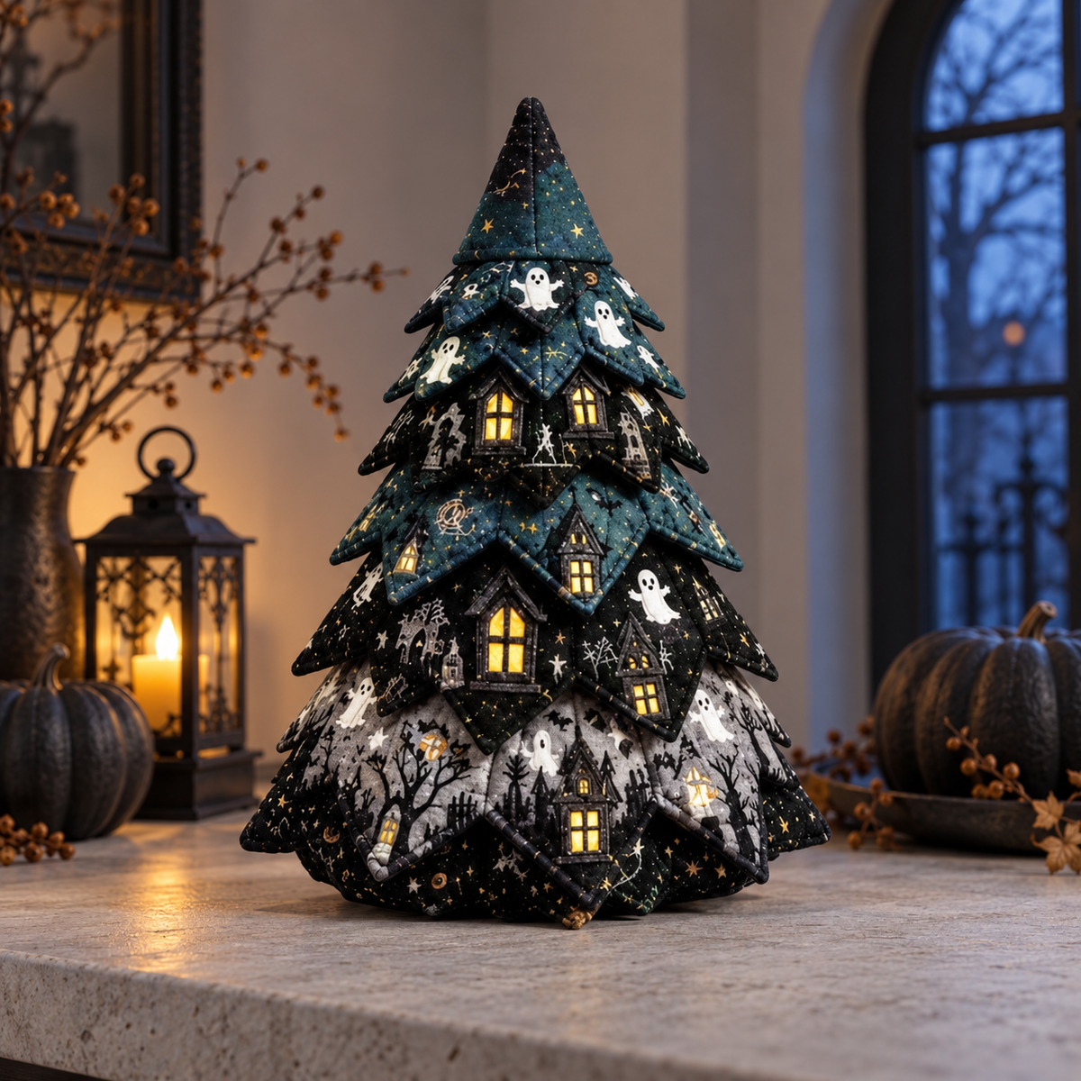 Handmade DIY Quilted Halloween Fabric Tree with Haunted House & Ghost Design, Gothic Tabletop Decor – QCTPETAL21