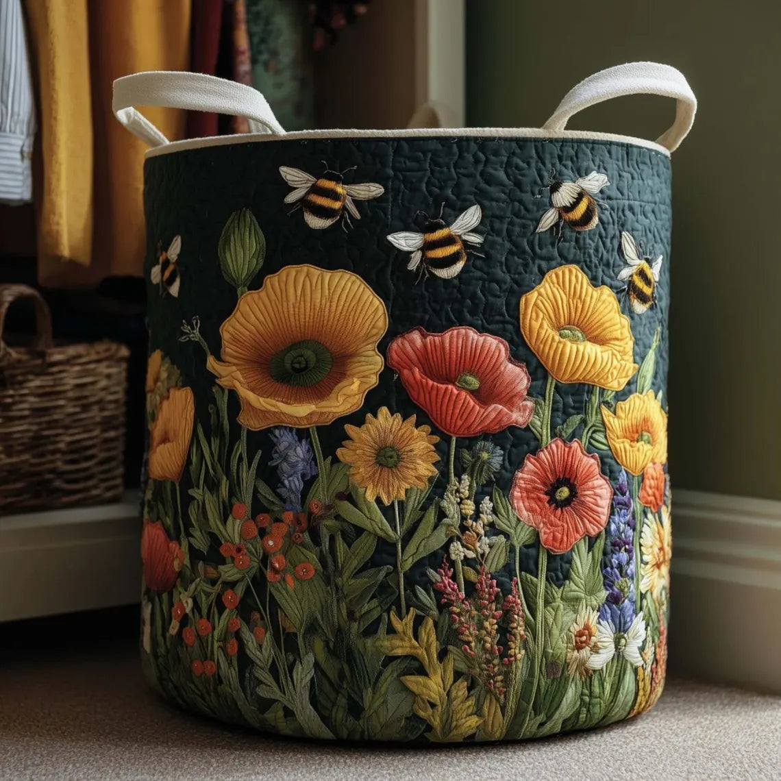 Bee Quilted Laundry Basket, Wildflower Storage Bin, Sunflower Hamper, Cottagecore Blanket Basket, Floral Fabric Toy Organizer	LBPETAL187