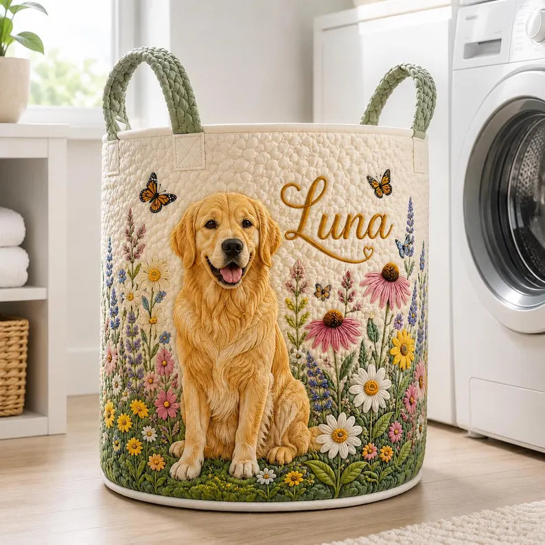 Custom Face Quilted Laundry Basket, Personalized Pet Storage Bin, Dog Photo Basket, Floral Nursery Hamper, Gift For Pet Lover. LBPETAL141