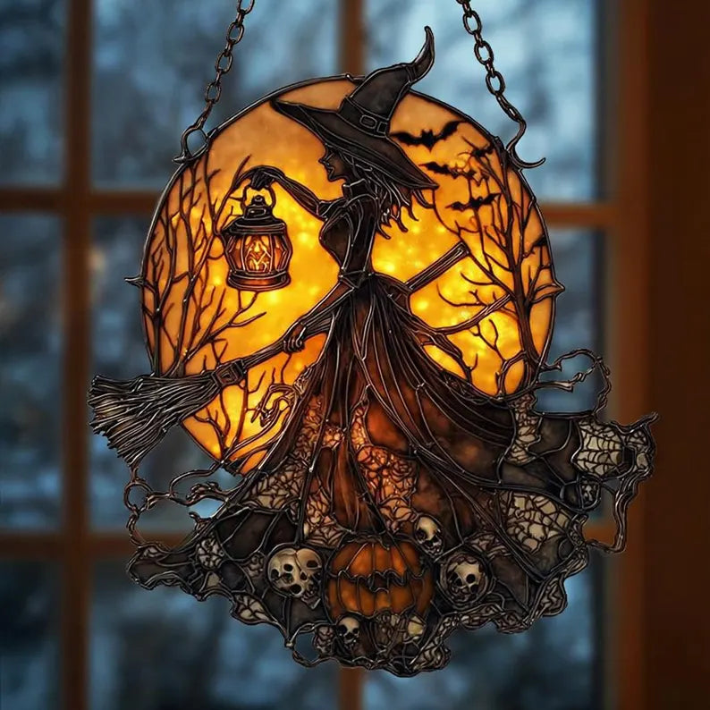 Witch Lantern Acrylic Suncatcher for Halloween Decoration | Spooky Witch Suncatcher Ornament | Gothic Witch Window Ornament, Fall Home Decor. HSPETAL4