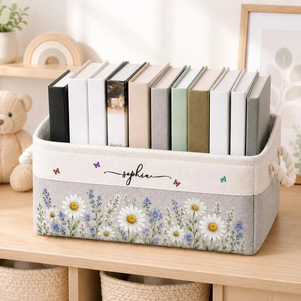 Personalized Birth Month Flower Book Basket, Custom Birth Flower & Name Storage Basket For Her, Wife, Daughter, Coworker, Book Lover Gift. BBPETAL3