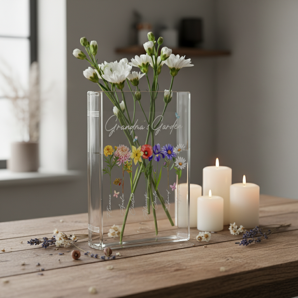 Personalized Grandma's Garden Birth Month Flower Book Vase – Custom Gift with Grandkids’ Names, Meaningful Mother’s Day Gift for Grandma