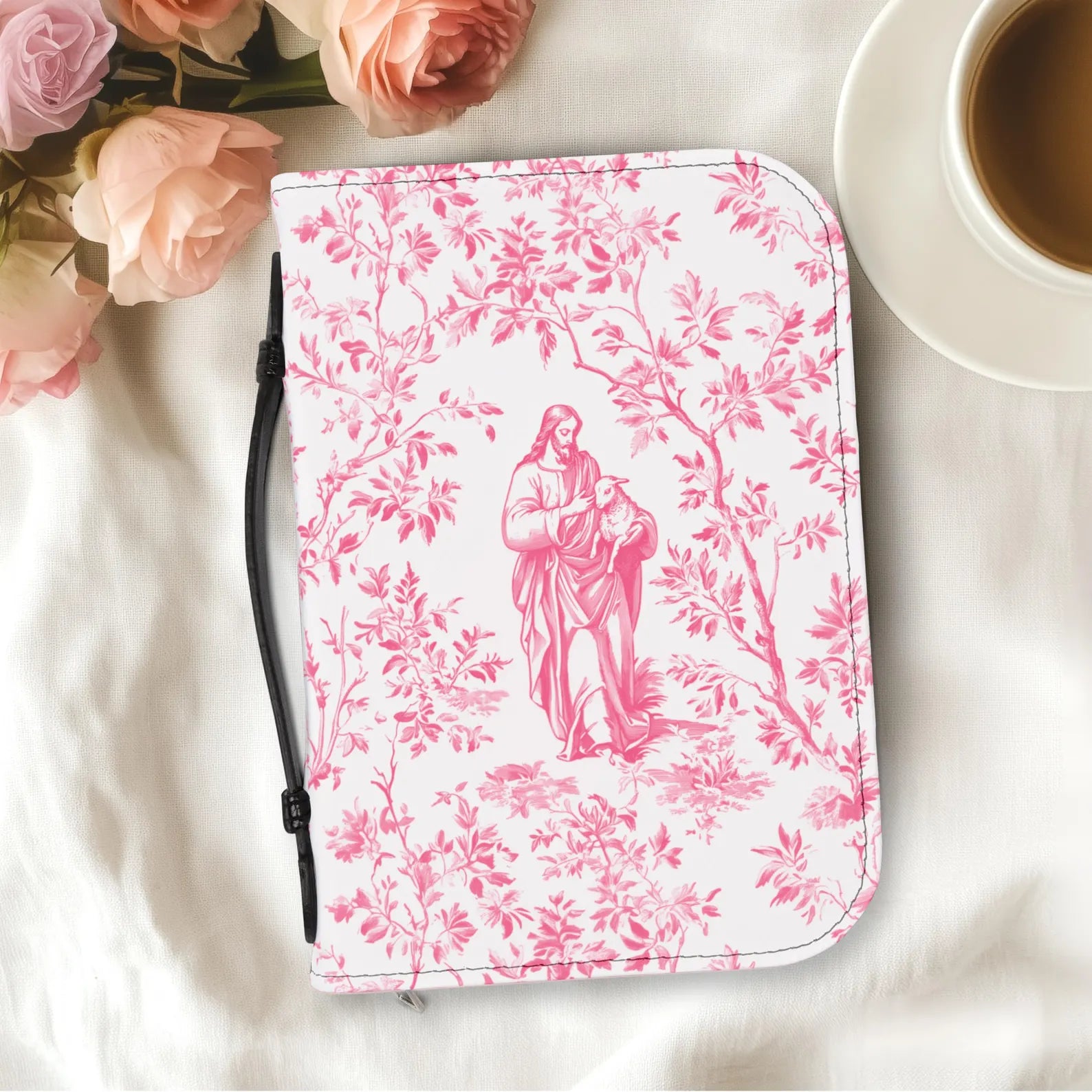 Jesus Lost Lamb Bible Cover Pink Toile, Christian Coquette Bible Case for Women Jesus Lost Sheep French Toile Notebook Cover Gift for Girls. BCPETAL21