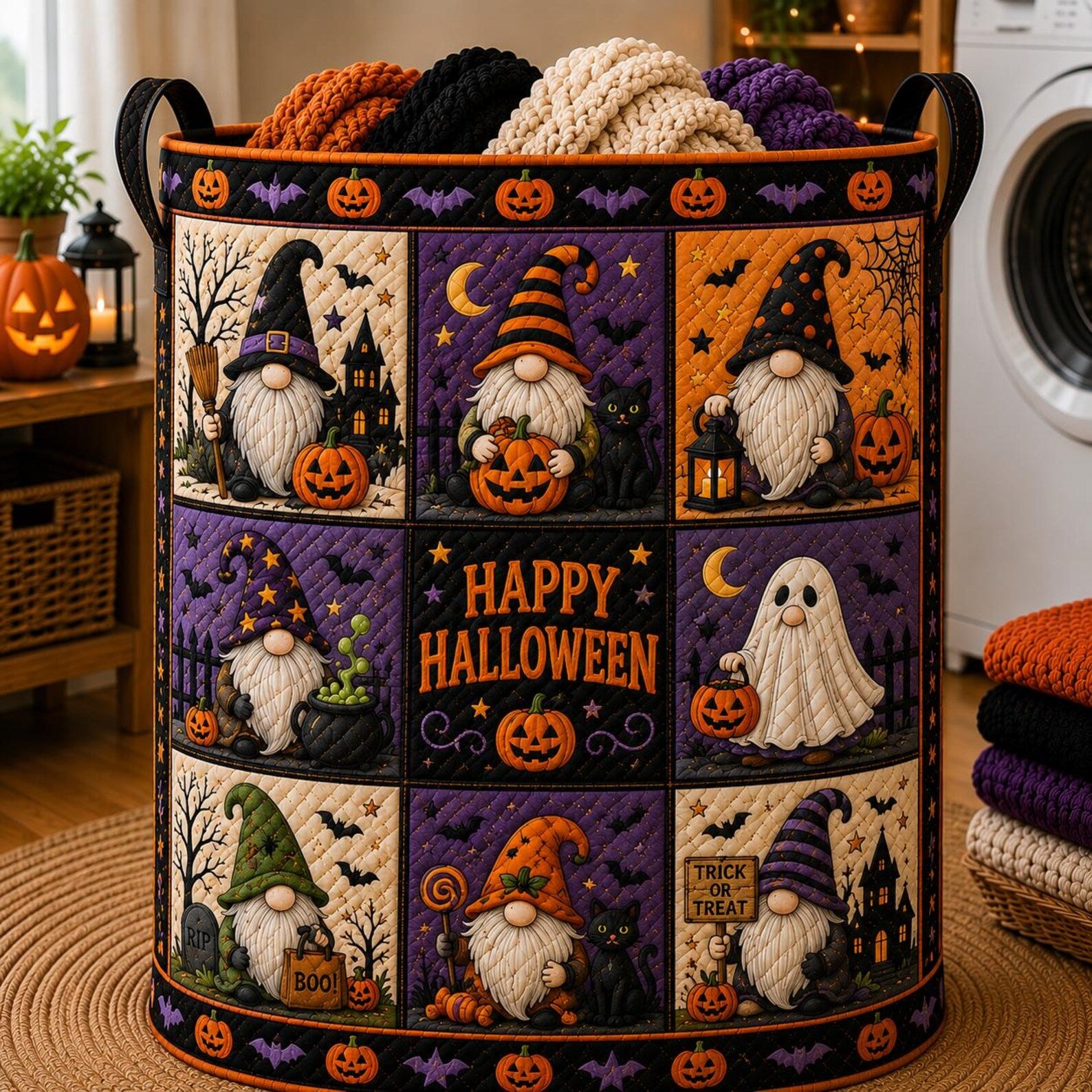 Halloween Gnome Laundry Basket, Happy Halloween Storage Hamper, Witch Gnome Pumpkin Bin, Trick Or Treat Decor. HLWLBPETAL19