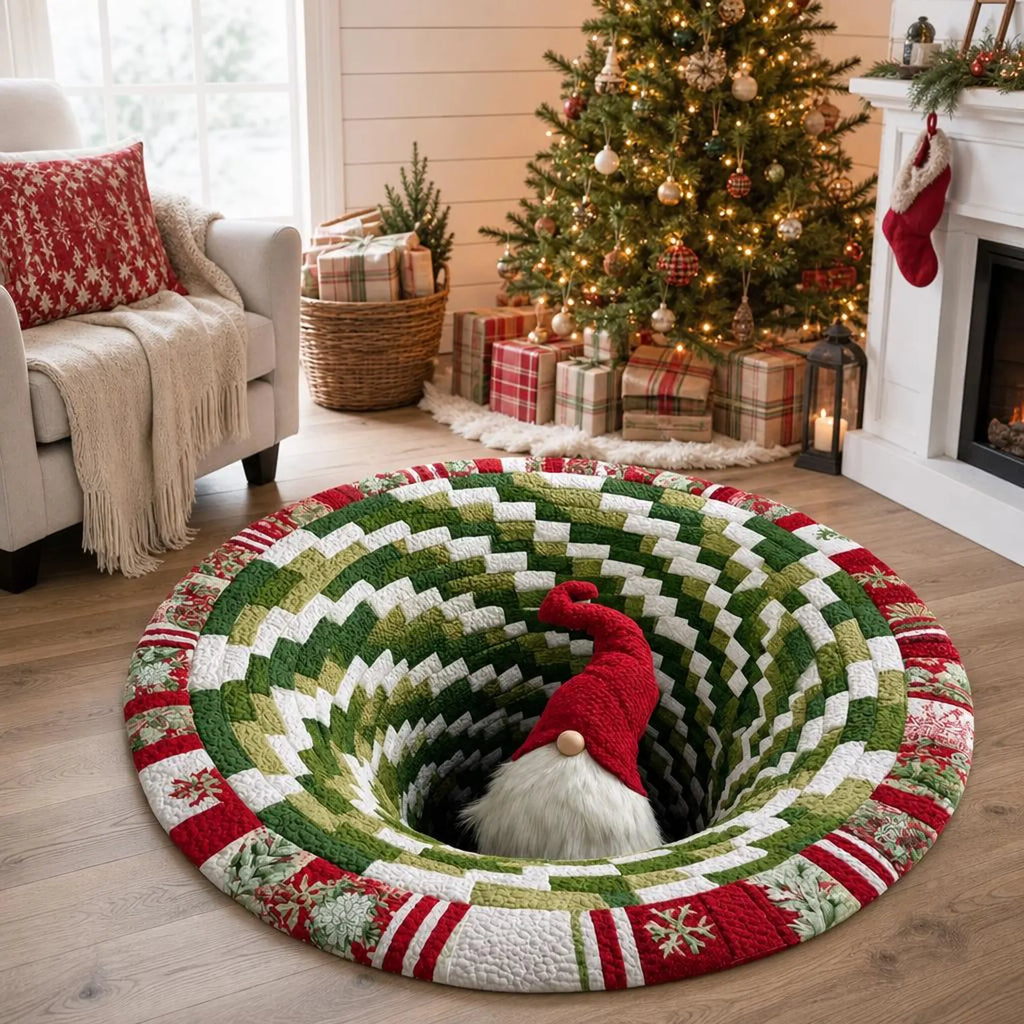 Christmas Gnome Vortex 3D Round Rug, Quilt Patchwork Optical Illusion Floor Mat, Non Slip Area Rug for Xmas Home Decor, Christmas Gift. QRPETAL07