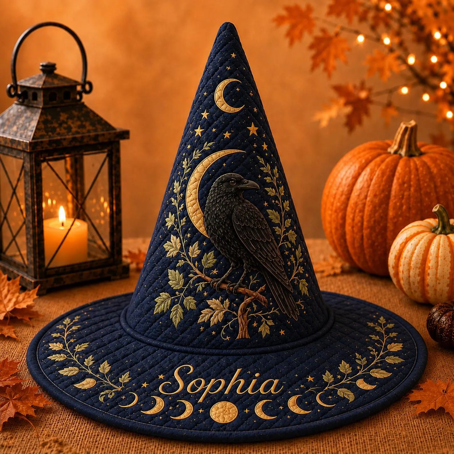 Retro Quilted Witch Hat, Vintage Halloween Raven Moon Hat, Navy Witch Costume Accessory, Spooky Season Party Gift. QWHPETAL25