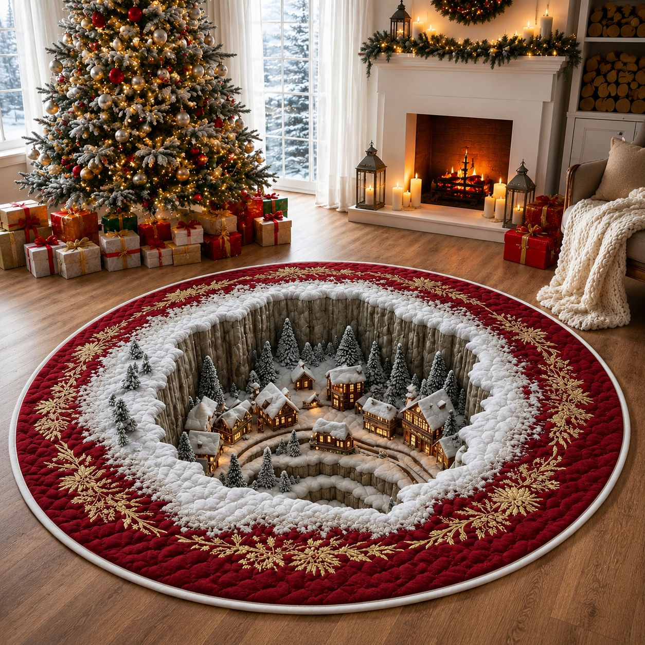 Christmas Winter Village 3D Round Rug, Snowy Mountain Town Vortex Optical Illusion Floor Mat, Non Slip Xmas Home Decor, Christmas Gift. QRPETAL05