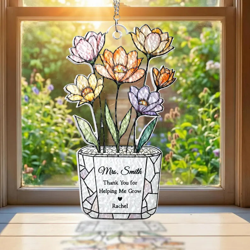 Personalized Sunflower Teacher Stained Glass Suncatcher: Thank You For Helping Me Grow, Teacher Appreciation Gift. SUNPETAL16
