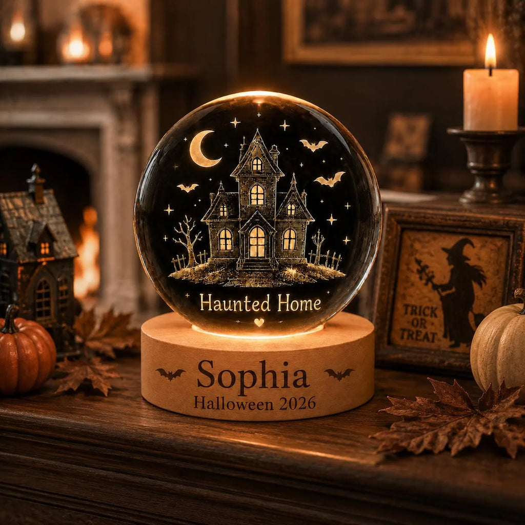 Personalized Haunted House Crystal Ball Night Light, Halloween Decor, Custom Name Spooky Lamp, Witchy Gift, Cozy Fall Bedroom Decor. LEDPETAL11