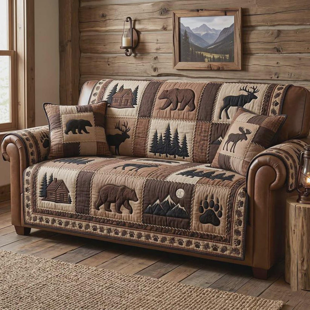 Rustic Wildlife Quilted Sofa Cover, Wildlife Sofa Cover, Patchwork Couch Throw, Sofa Protector, Holiday Sofa Decor QUILTSOFA01