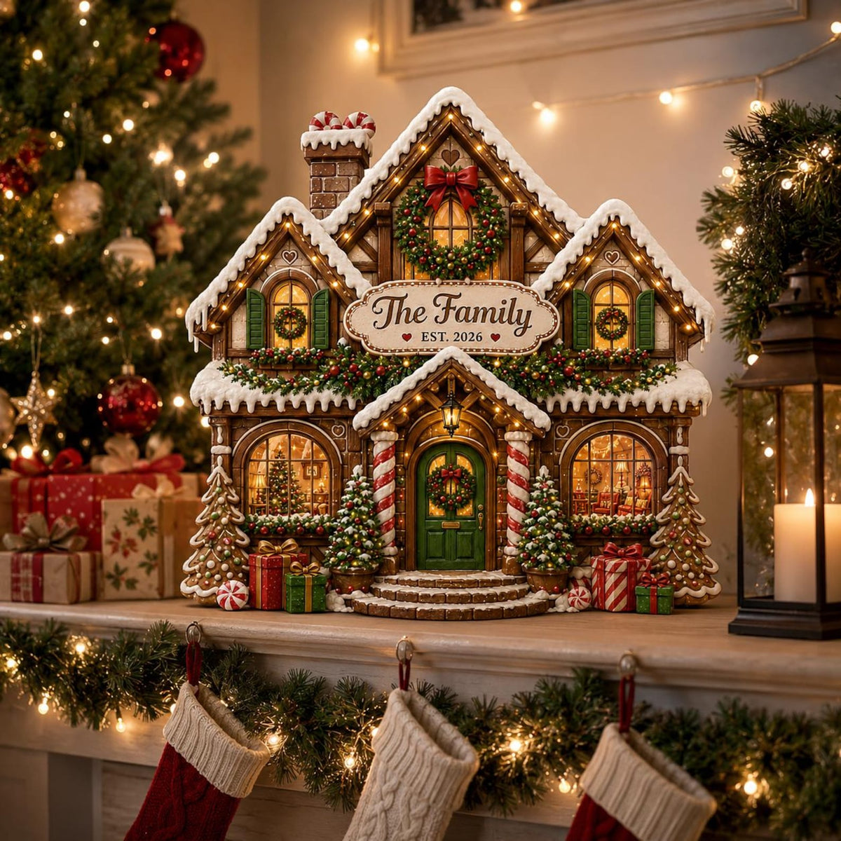 Personalized Christmas Gingerbread House Wooden Block, Custom Family Name Sign, Festive Mantel Decor, Holiday Housewarming Gift, Xmas Decor. WBPETAL13