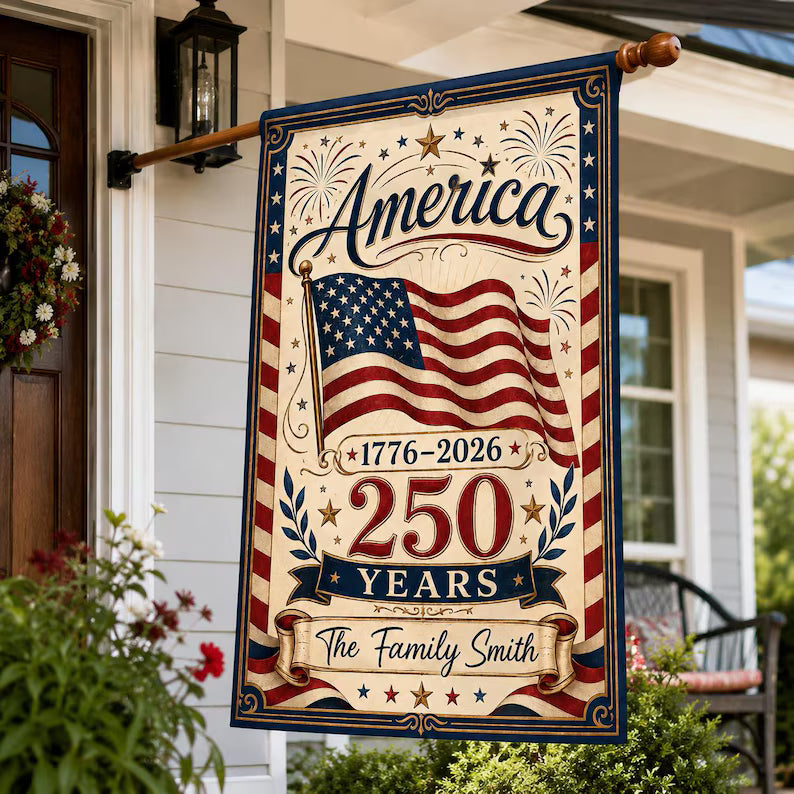 Personalized America 250 Garden Flag, Custom Family Name Patriotic Yard Flag, 1776-2026 Fourth of July House Flag, USA Outdoor Decor Gift. GFPETAL09