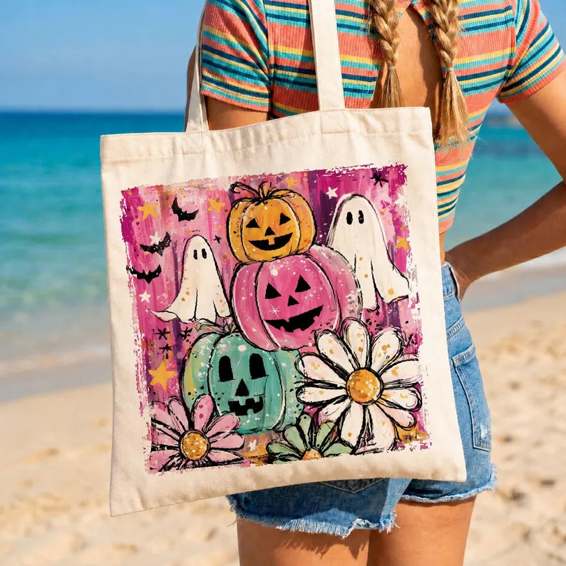 Happy Halloween Tote Bag Spooky Ghosts Canvas Handbag Gothic Haunted House Shoulder Shopping Bag Glowing Full Moon Graveyard Autumn Gift. HLWTBPETAL7