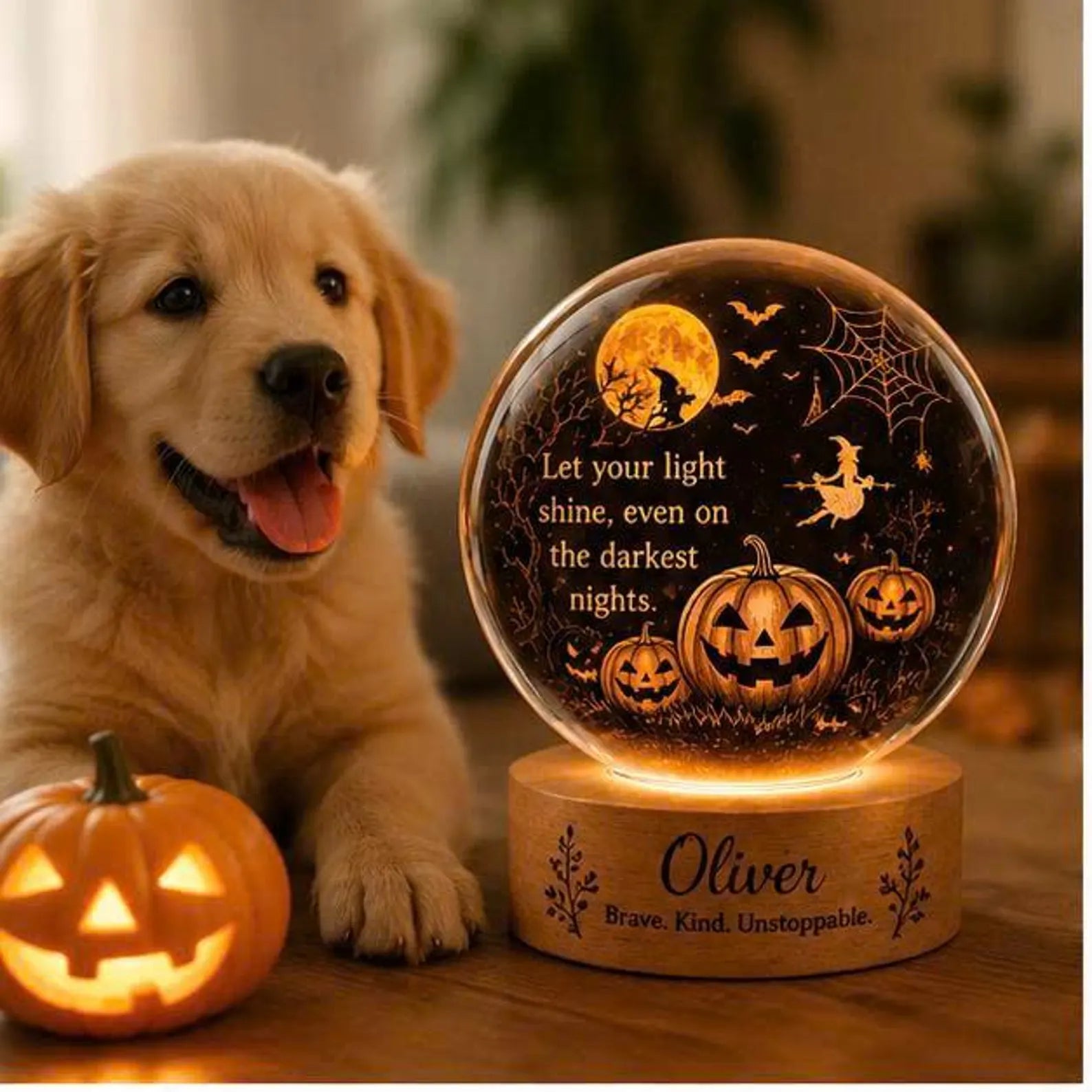 Personalized Halloween Dog Night Light, Custom Name Crystal Ball LED Lamp, Spooky Puppy Decor. LEDPETAL7