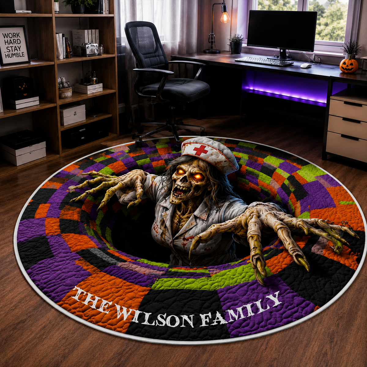 Personalized Halloween Round Quilted Floor Mat, Custom Zombie Nurse Rug, Spooky Horror Floor Cushion, Halloween Room Decor Gift. QRPETAL03