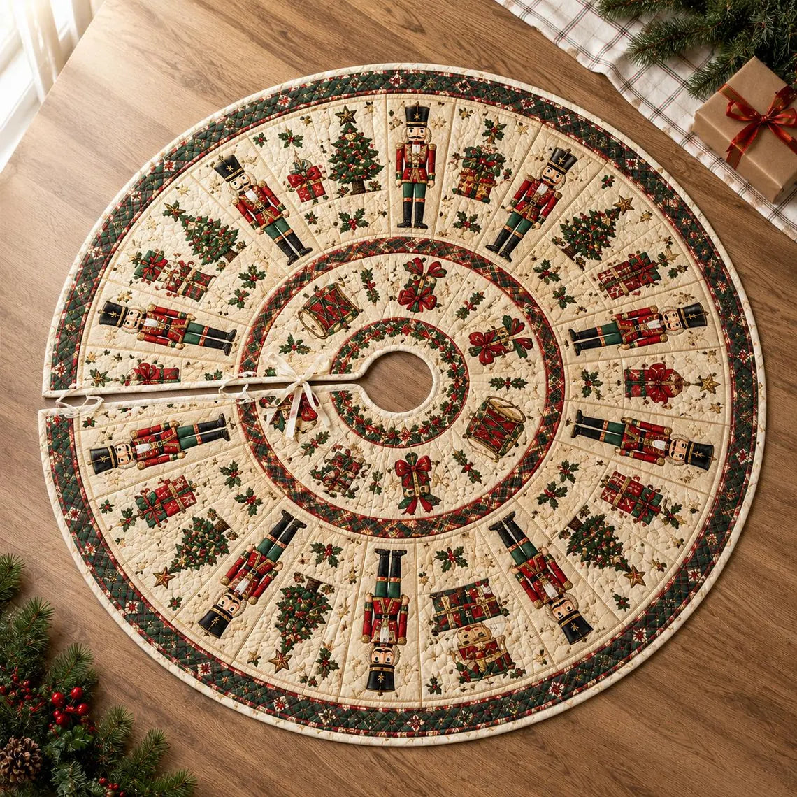 Nutcracker Christmas Tree Skirt, Quilted Patchwork Holiday Decor, Traditional Red Green Tree Mat, Royal Crown Design. CTSPETAL07