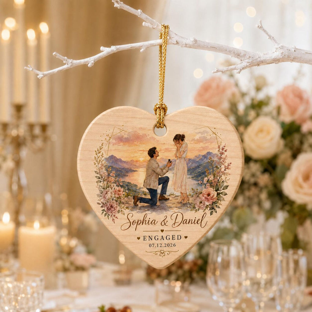 Personalized Engagement Ornament 2026, Custom Couple Names and Date, Wooden Heart Keepsake, Proposal Gift for Newly Engaged Couple	COPETAL28