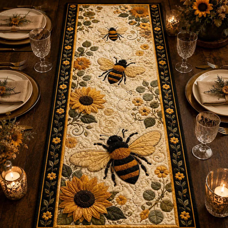 Bee Sunflower Quilted Table Runner, Farmhouse Summer Kitchen Decor. QTRPETAL5