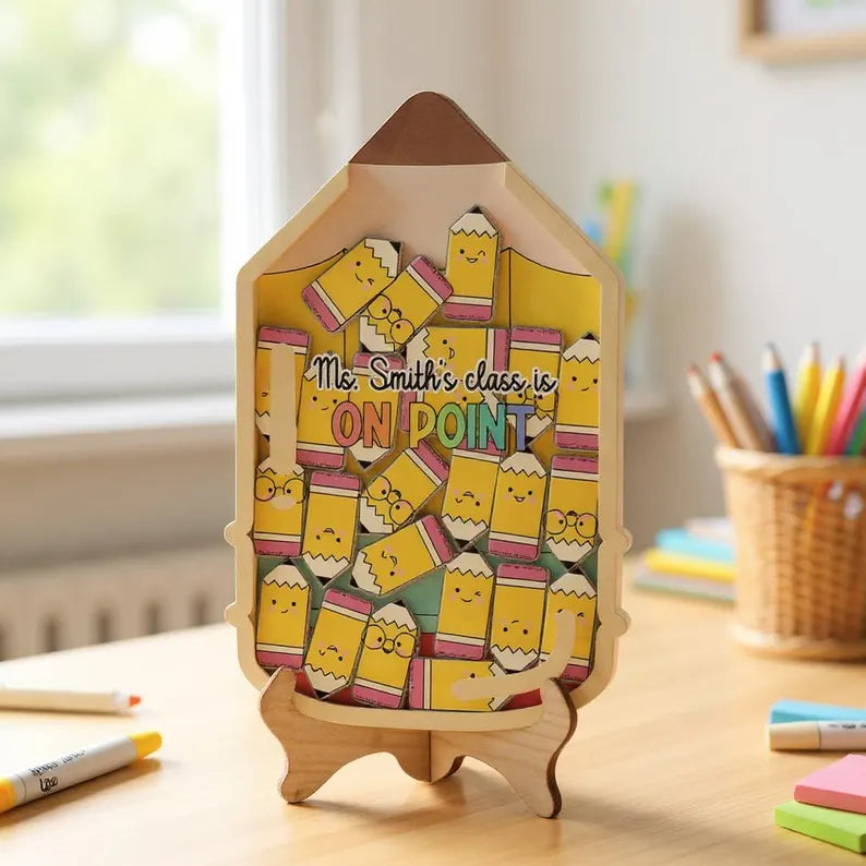 Magnetic Reward Jar with Pencil Tokens, Colorful Classroom Decor, Custom Name Composition Notebook Jar for Teacher, Back to School Gifts. RJPETAL05