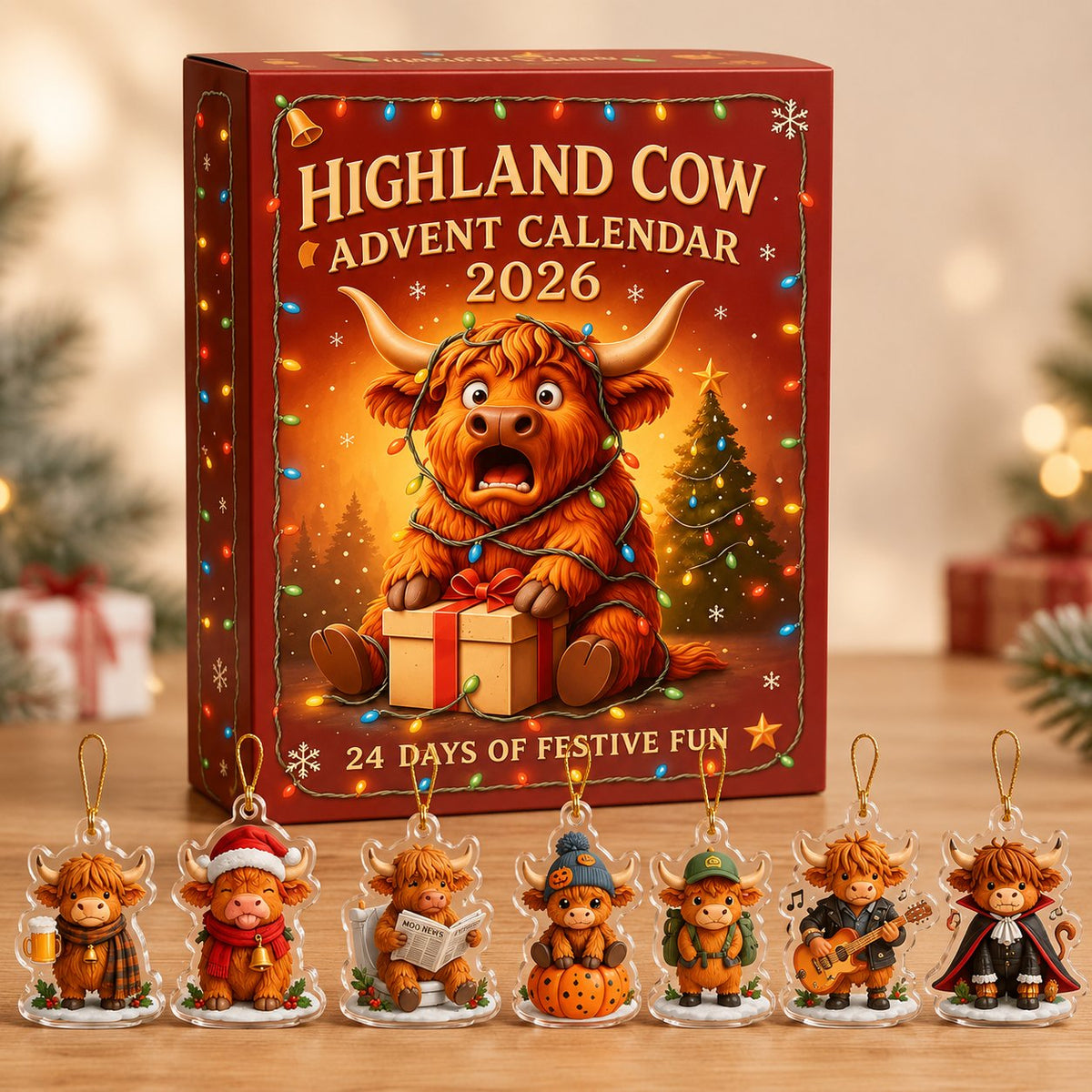 Personalized Highland Cow Advent Calendar 2026, 24 Day Of Christmas Ornaments Countdown Calendar, Cute Farm Animal Holiday Gift for Kids & Family AXMAS01